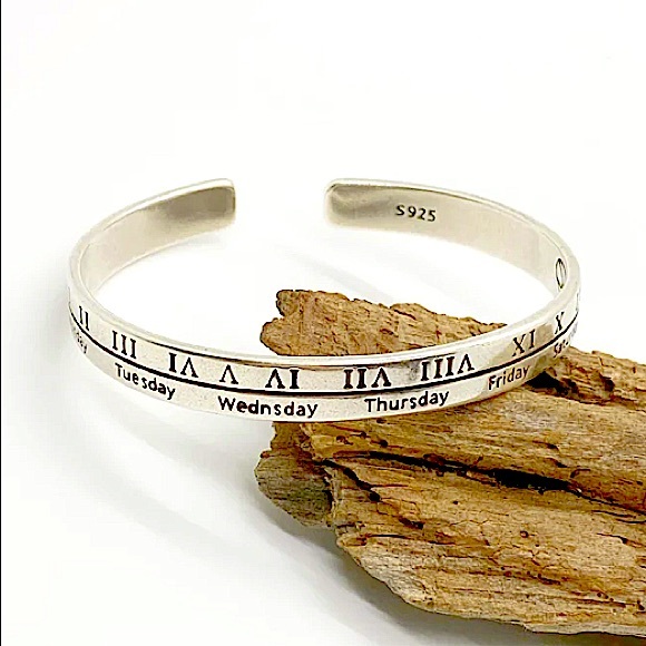 Sterling Silver Roman Numeral Bangle Cuff Bracelet - Picture 8 of 9